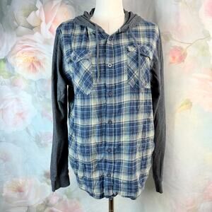 LZR Lazer Garment Company Grey & Blue Plaid Button Up Hoodie Sweater